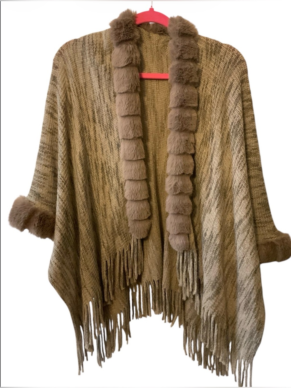 SHEIN Taupe Knit Fringe Poncho with Faux Fur Trim